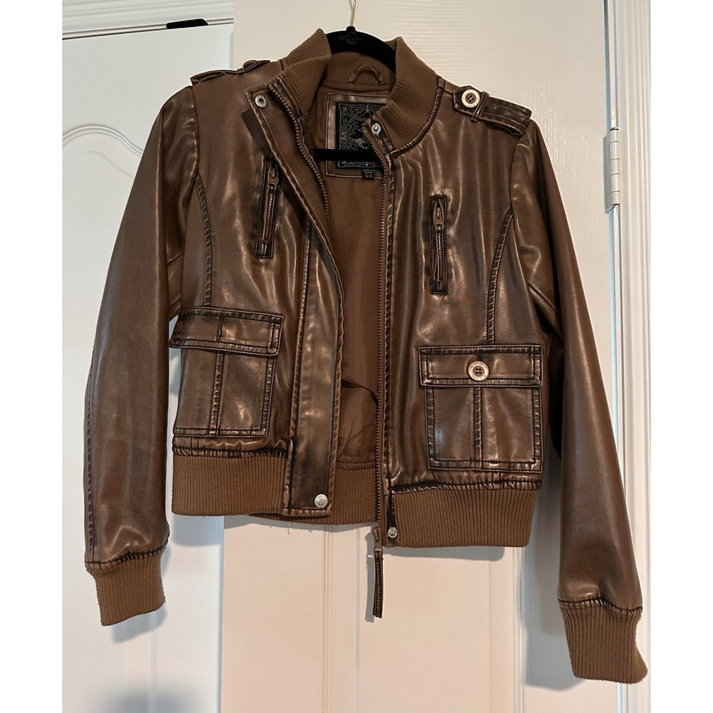 Beverly Hills Polo Club Girls Brown Faux Leather Biker Jacket Full Zip 14/16